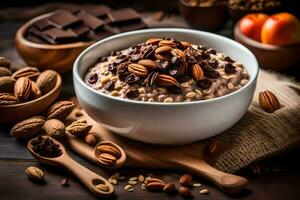 chocolate oatmeal with nuts and chocolate chips in a bowl. AI-Generated photo