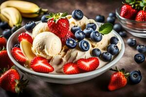 a bowl of ice cream with strawberries, blueberries and bananas. AI-Generated photo