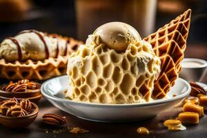 a waffle cone with ice cream and caramel. AI-Generated photo