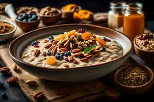 un cuenco de harina de avena con nueces y bayas. generado por ai foto