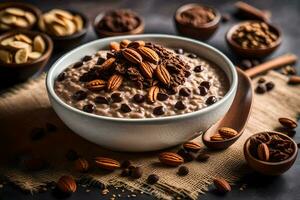 chocolate pecan oatmeal in a bowl. AI-Generated photo