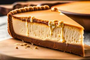 a slice of cheesecake on a wooden board. AI-Generated photo