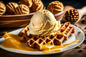 ice cream and waffles on a plate. AI-Generated photo