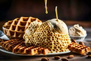 the honeycomb ice cream is served with waffles and walnuts. AI-Generated photo