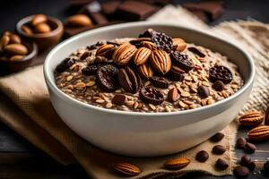 chocolate pacana harina de avena en un bol. generado por ai foto