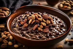 chocolate oatmeal with nuts in a bowl. AI-Generated photo