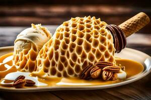 the honeycomb ice cream is served with caramel sauce and pecans. AI-Generated photo