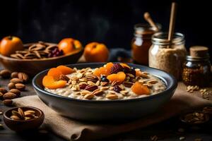 un cuenco de harina de avena con Almendras, duraznos y albaricoques generado por ai foto