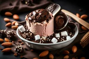 chocolate ice cream with almonds and marshmallows in a bowl. AI-Generated photo