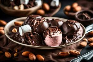 chocolate covered ice cream with almonds and marshmallows. AI-Generated photo