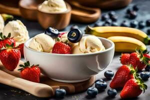 ice cream with berries and bananas in a bowl. AI-Generated photo