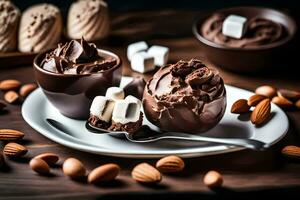 chocolate mousse with marshmallows and almonds on a plate. AI-Generated photo