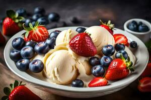 a bowl of ice cream with strawberries and blueberries. AI-Generated photo