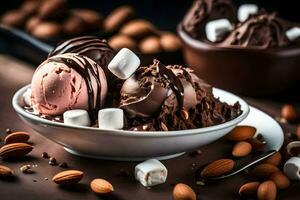 chocolate hielo crema en un cuenco con Almendras. generado por ai foto