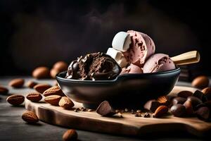 chocolate ice cream in a bowl with almonds. AI-Generated photo