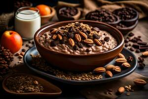 chocolate oatmeal with nuts and almonds in a bowl. AI-Generated photo