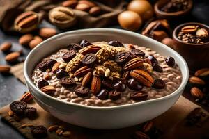 chocolate harina de avena en un cuenco con nueces y chocolate papas fritas. generado por ai foto