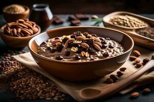 chocolate oatmeal with nuts and seeds in a bowl. AI-Generated photo