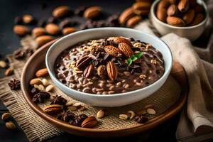 chocolate avena en un cuenco con nueces. generado por ai foto