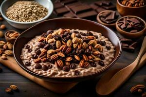 chocolate oatmeal with nuts and chocolate chips in a bowl. AI-Generated photo