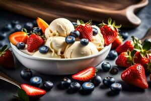 ice cream with berries and strawberries in a bowl. AI-Generated photo