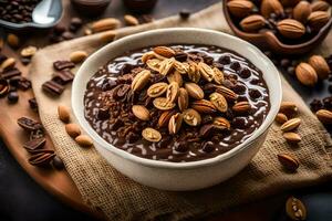 chocolate oats in a bowl with nuts and chocolate. AI-Generated photo