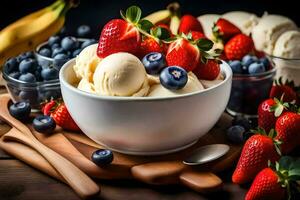 a bowl of ice cream with strawberries, blueberries and bananas. AI-Generated photo