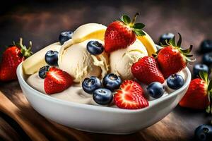 a bowl of ice cream with strawberries, blueberries and chocolate chips. AI-Generated photo