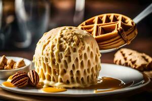 a waffle ice cream with caramel sauce and pecans. AI-Generated photo