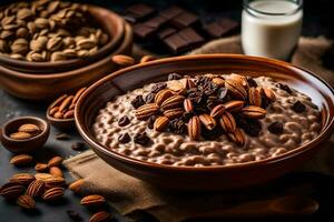 chocolate almond oatmeal in a bowl with nuts and milk. AI-Generated photo