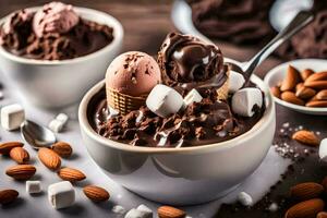 chocolate ice cream in a bowl with almonds. AI-Generated photo
