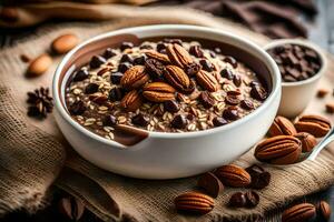 chocolate oatmeal with nuts and chocolate chips in a bowl. AI-Generated photo