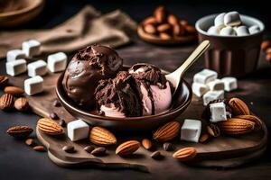 chocolate ice cream with marshmallows and almonds on a wooden table. AI-Generated photo