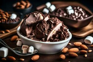 chocolate ice cream with almonds and marshmallows. AI-Generated photo