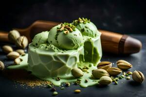 pistachio ice cream with pistachio nuts and a wooden spoon. AI-Generated photo