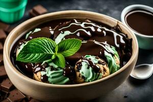 chocolate ice cream with mint and chocolate chips in a bowl. AI-Generated photo