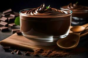 chocolate pudding in a glass bowl. AI-Generated photo