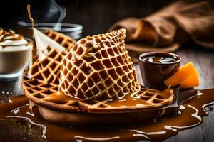 un gofre con caramelo salsa y un taza de café. generado por ai foto