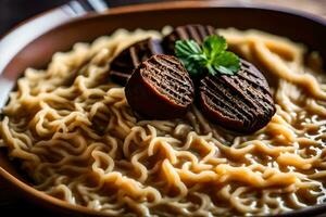 a bowl of noodles with meat and vegetables. AI-Generated photo