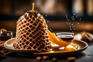 a waffle being poured with caramel on top. AI-Generated photo