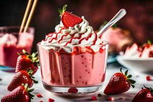 a strawberry milkshake with whipped cream and strawberries. AI-Generated photo