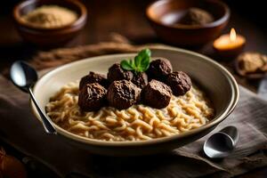 a bowl of pasta with meatballs and spices on a wooden table. AI-Generated photo