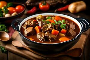 a bowl of stew with meat and vegetables. AI-Generated photo