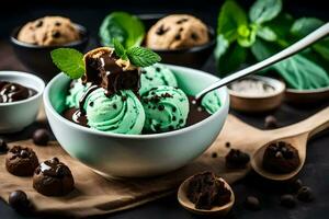 chocolate ice cream with mint and chocolate chips. AI-Generated photo