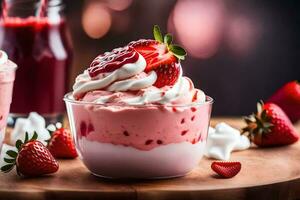 two small cups of strawberry dessert with whipped cream. AI-Generated photo