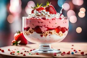 a dessert with strawberries and whipped cream. AI-Generated photo