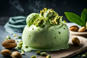 a green ice cream with pistachios and nuts. AI-Generated photo