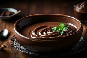 chocolate pudding in a bowl. AI-Generated photo