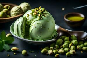 pistachio ice cream with pistachio nuts and mint leaves. AI-Generated photo