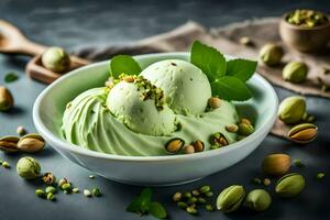 pistachio ice cream in a bowl with pistachio nuts and mint leaves. AI-Generated photo